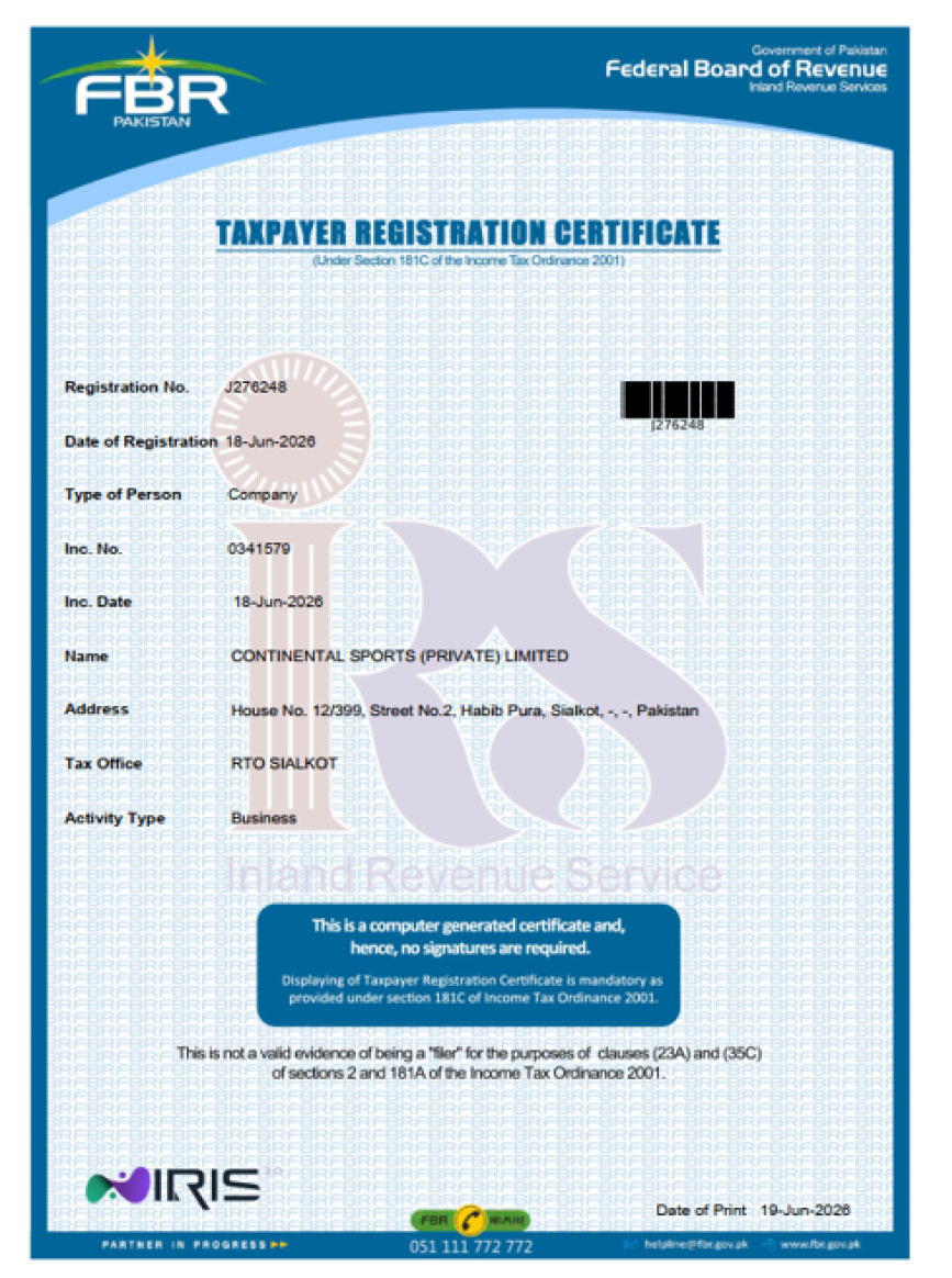 Taxpayer Registration Certificate issued to Continental Sports