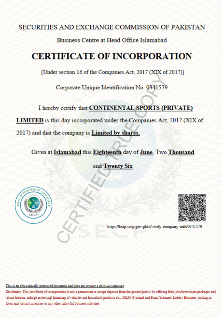 Certificate of Incorporation issued to Continental Sports