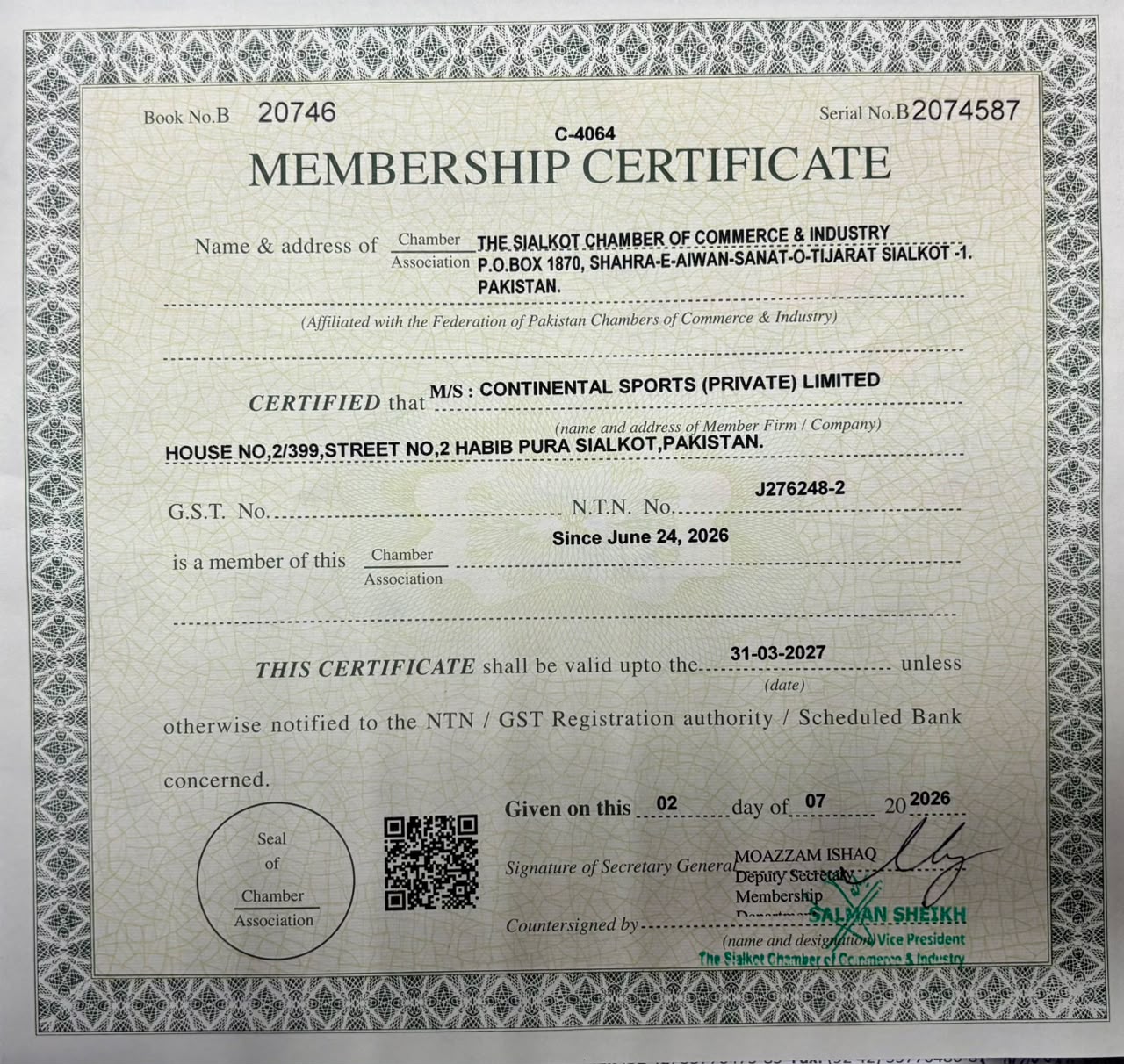 Membership Certificate issued to Continental Sports